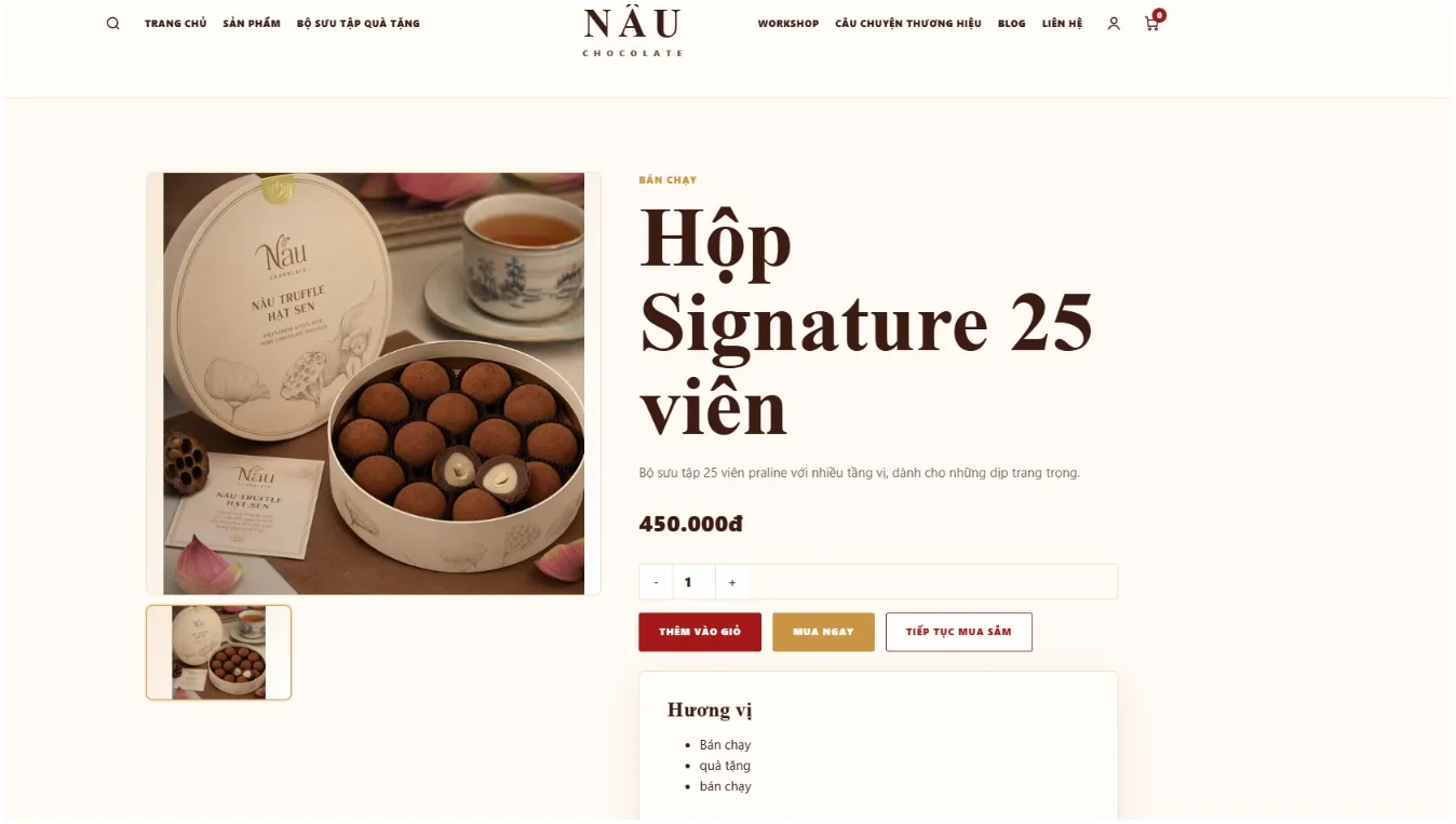 Hộp Signature 25 viên được trưng bày trên website Nâu Chocolate